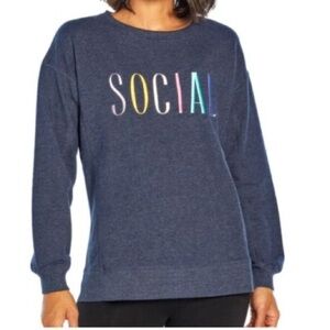 Wildfox SOCIAL Statement Sweatshirt Side Slit Comfort Loungewear Casual Navy L